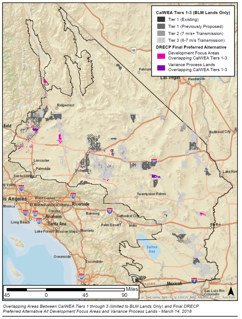 CalWEA Map 1 -  High-Quality Wind Resource Areas, DFAs and Variance Lands in the DRECP